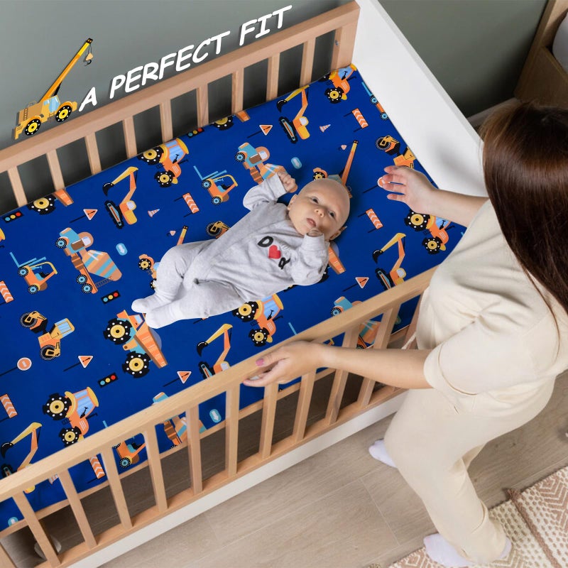 UOMNY Crib Sheet 52x28 Baby Sheet for Boys Breathable Fitted Crib Sheet for Standard Crib and Toddler Mattress Toddler Sheet Engineering Vehicle Blue - Image 2